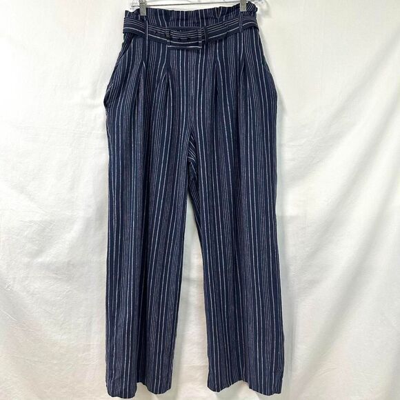 ANTONIO MELANI Linen Navy White Striped High Rise Wide Leg Pants Belted Womens 6 - Picture 1 of 6